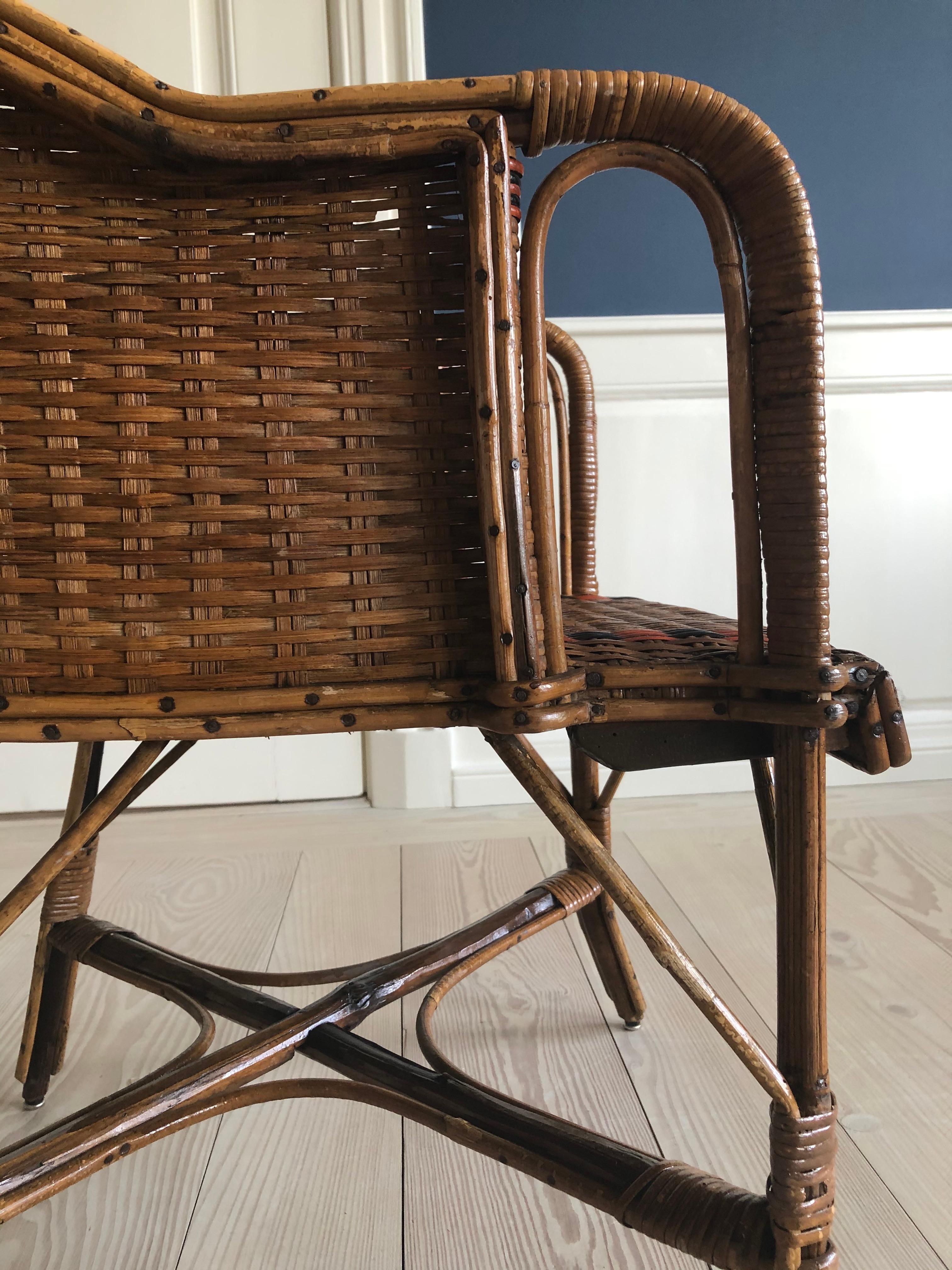 Hand-Woven Vintage French 1930s Lounge Chair in Rattan with Woven Details