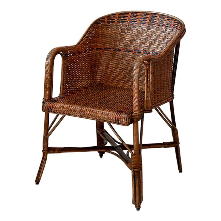 Vintage French 1930s Lounge Chair in Rattan with Woven Details at
