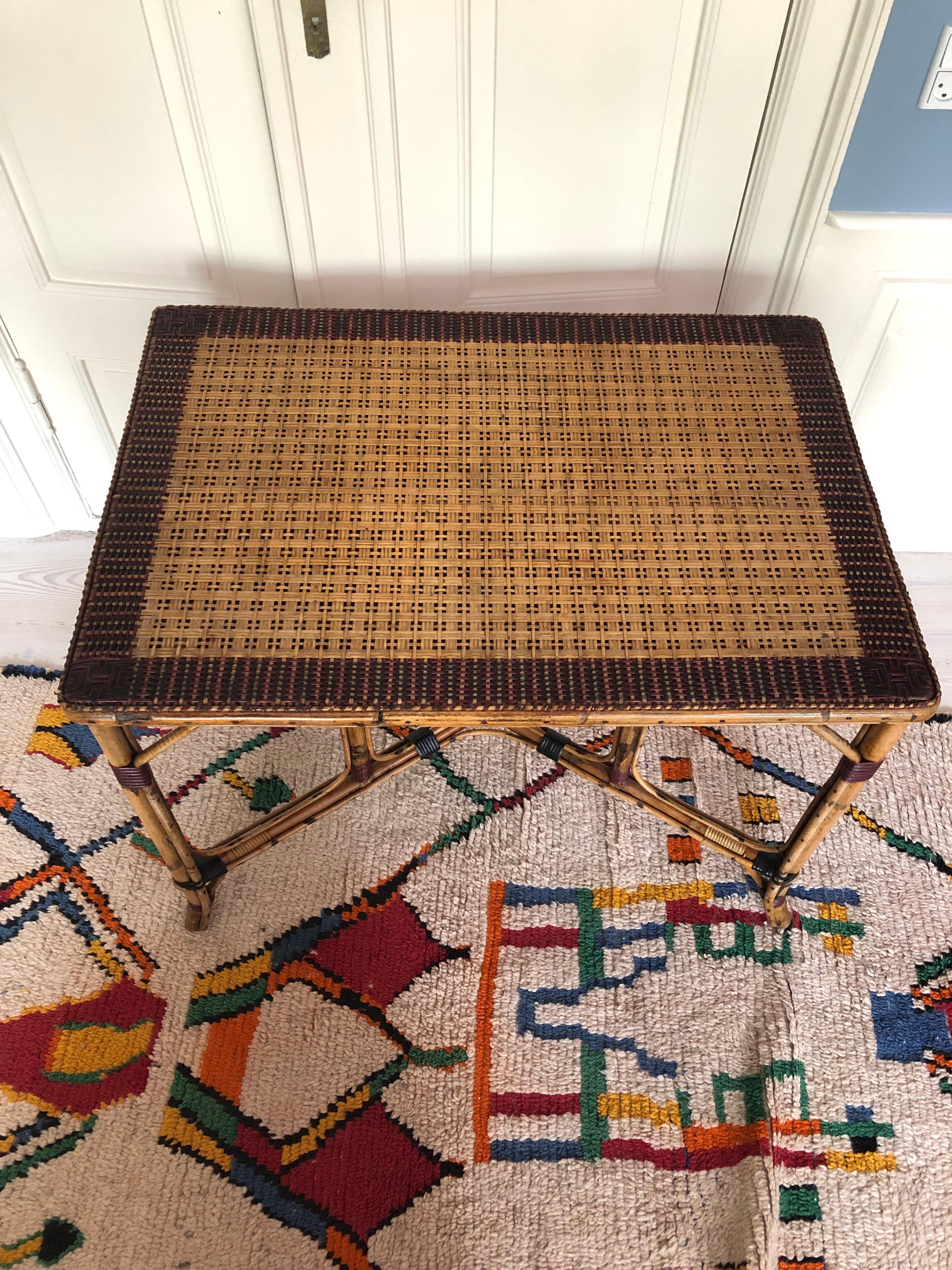 Hand-Woven Vintage French 1930s Rattan Table with Red Woven Details