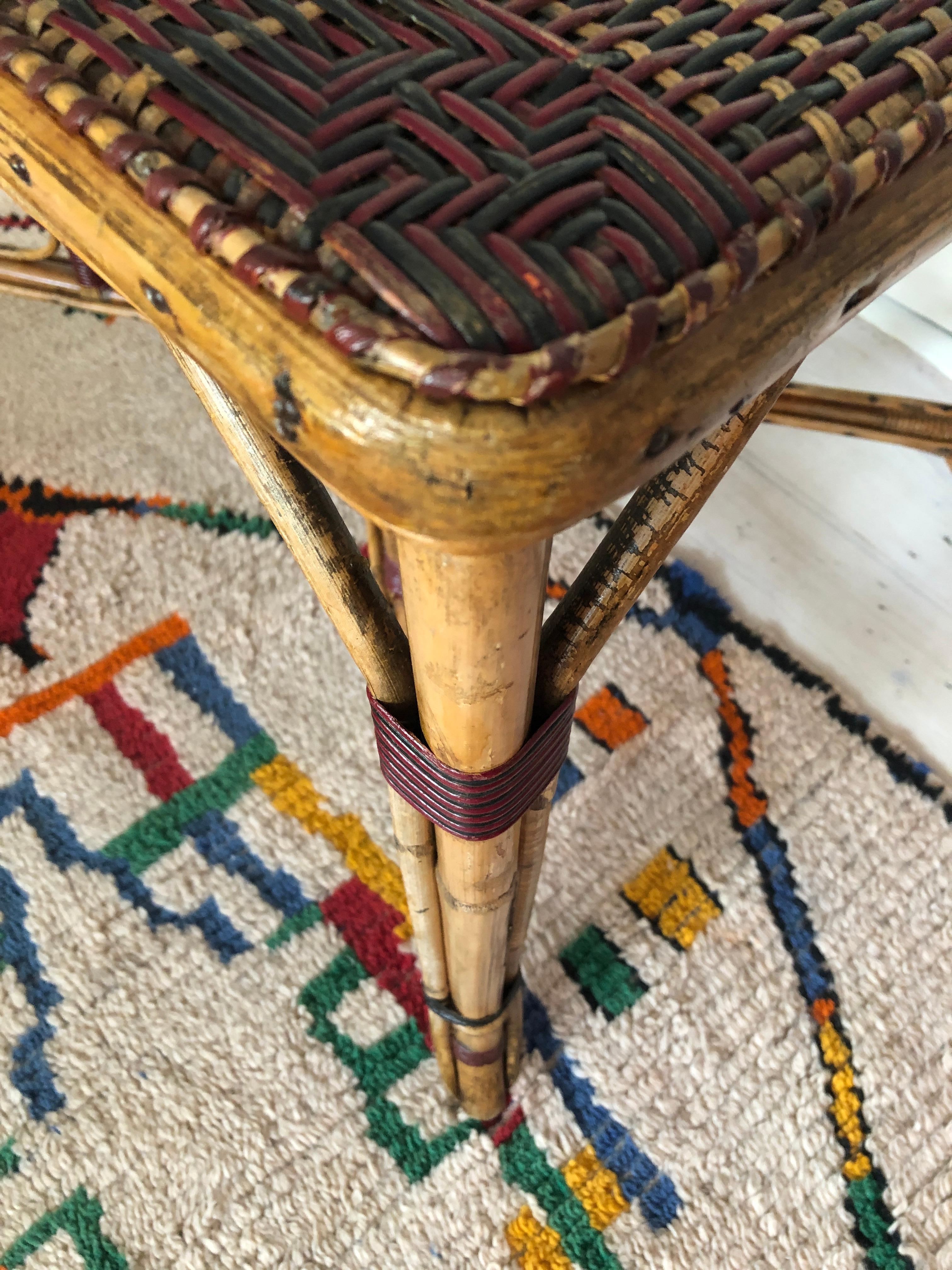 Vintage French 1930s Rattan Table with Red Woven Details 2