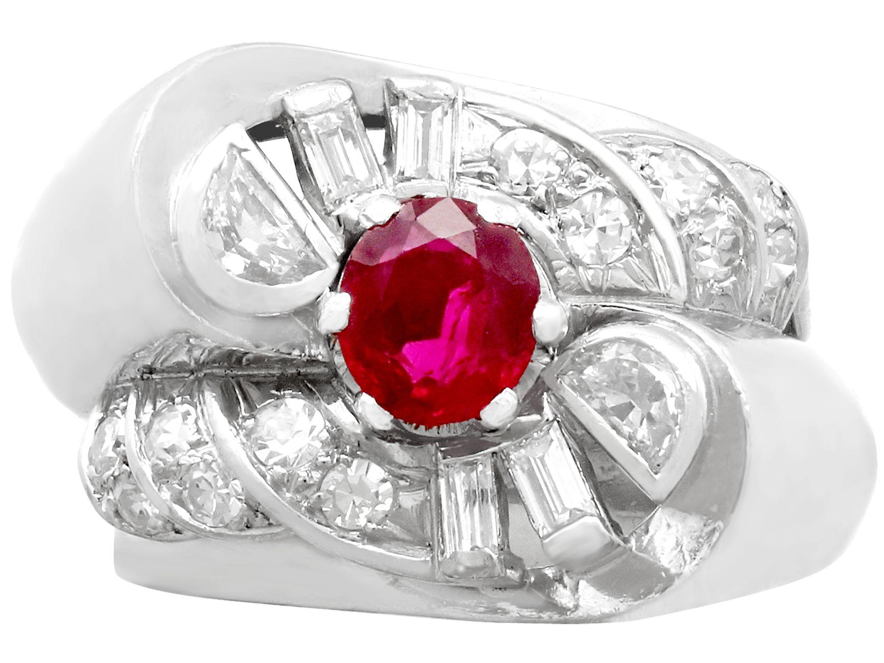 Art Deco Vintage French 1940s Oval Cut Ruby and Diamond Platinum Cocktail Ring For Sale