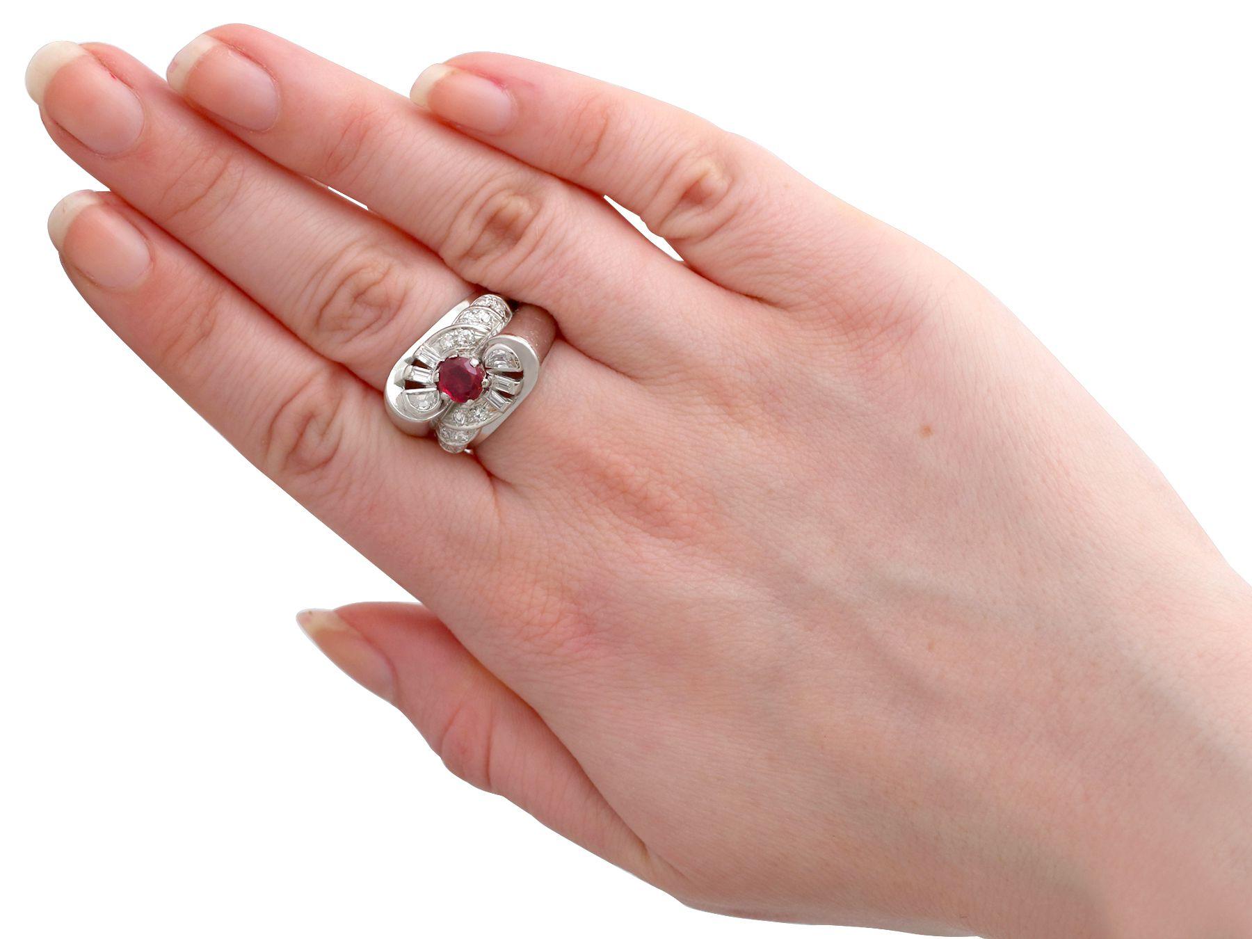 Vintage French 1940s Oval Cut Ruby and Diamond Platinum Cocktail Ring In Excellent Condition For Sale In Jesmond, Newcastle Upon Tyne