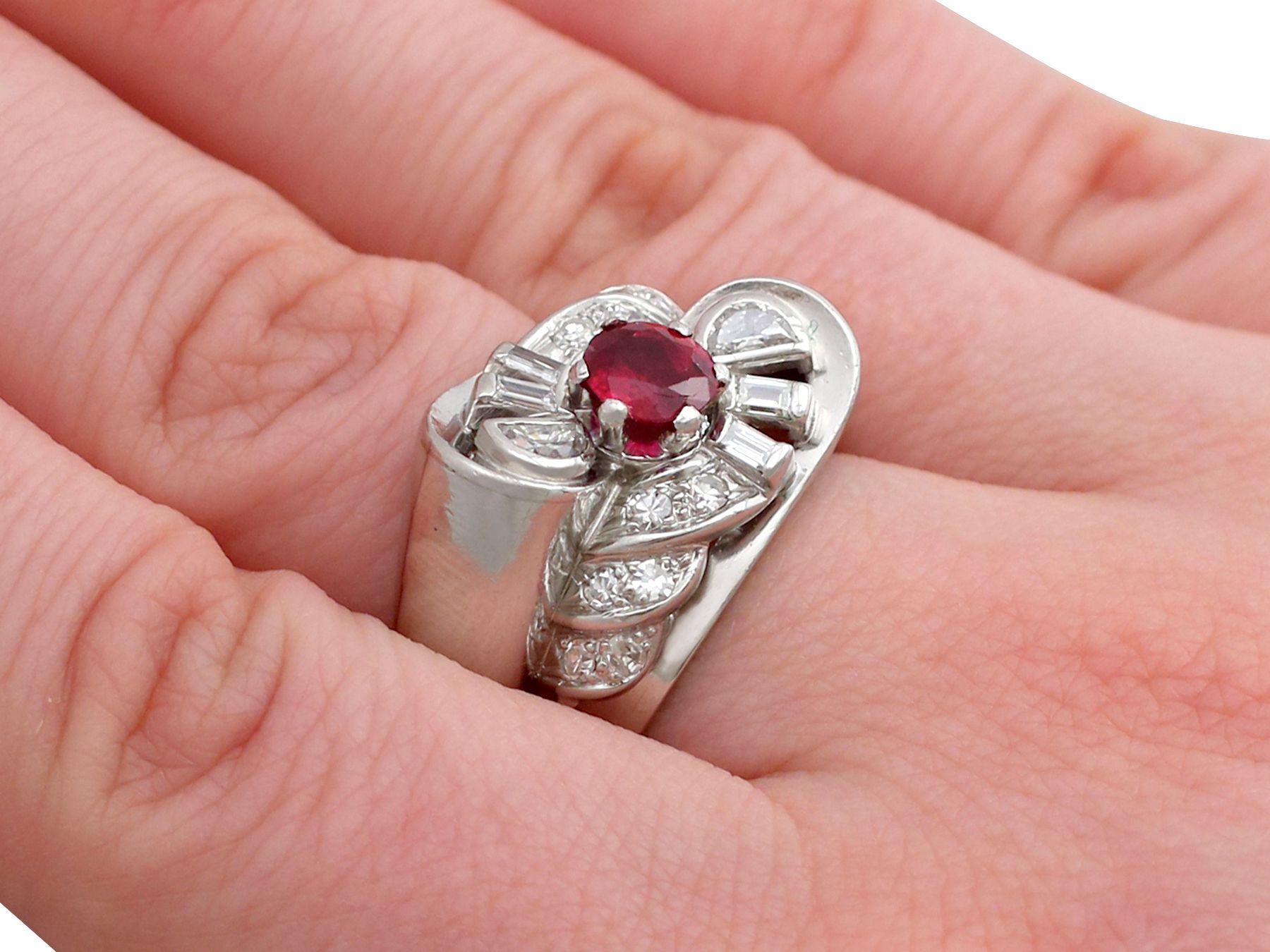 Women's Vintage French 1940s Oval Cut Ruby and Diamond Platinum Cocktail Ring For Sale