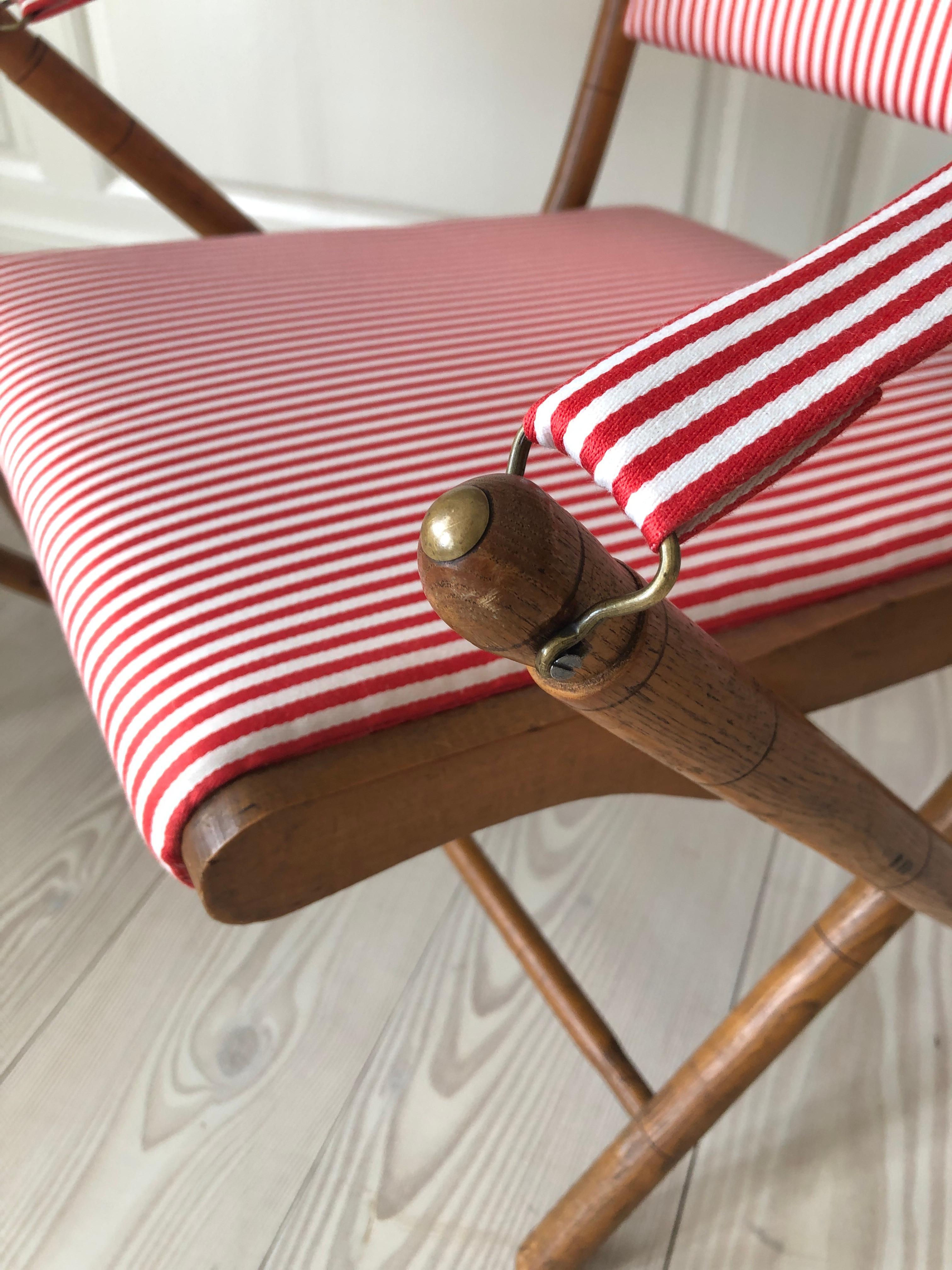 Mid-20th Century Vintage French 1950s Foldable Chairs in Faux Bamboo and Striped Textile