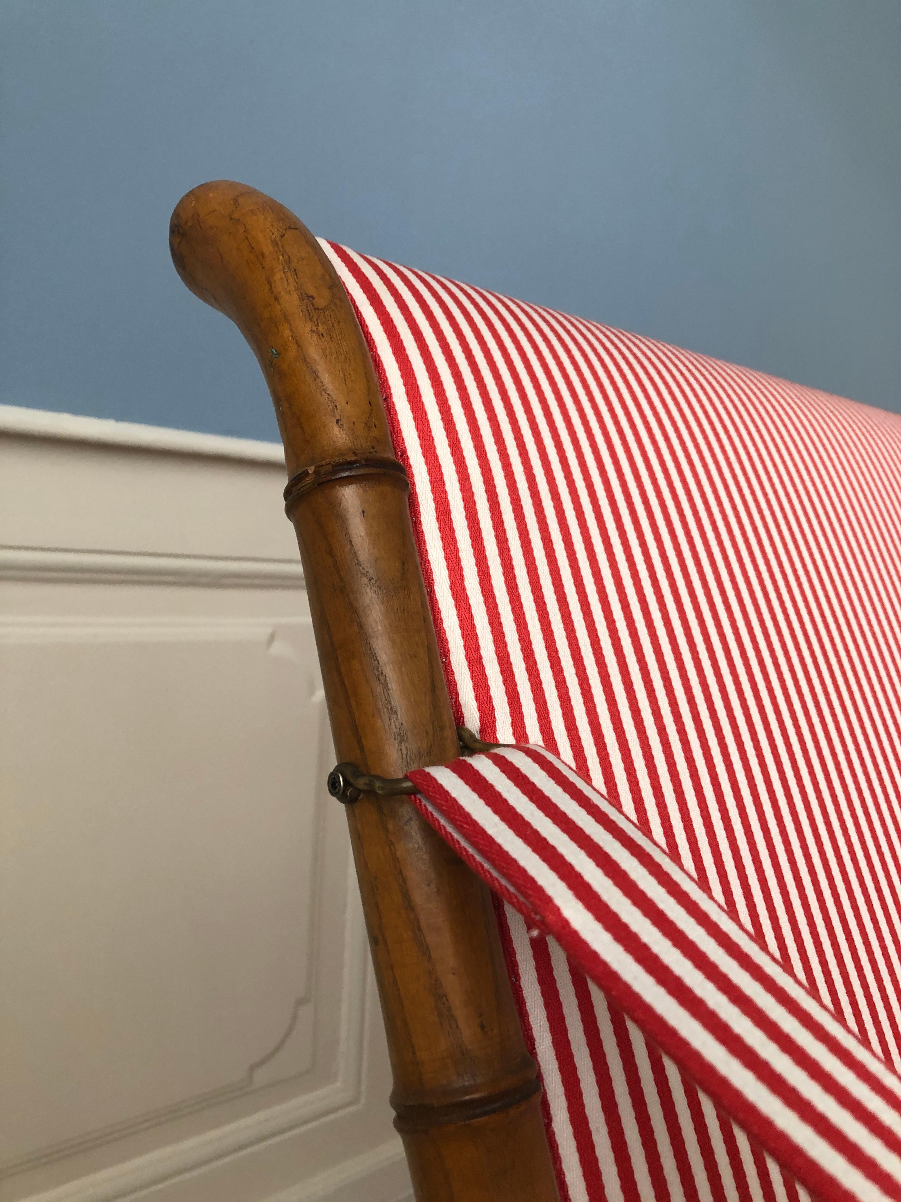 Vintage French 1950s Foldable Sofa in Faux Bamboo and Red/White Striped Textile 5