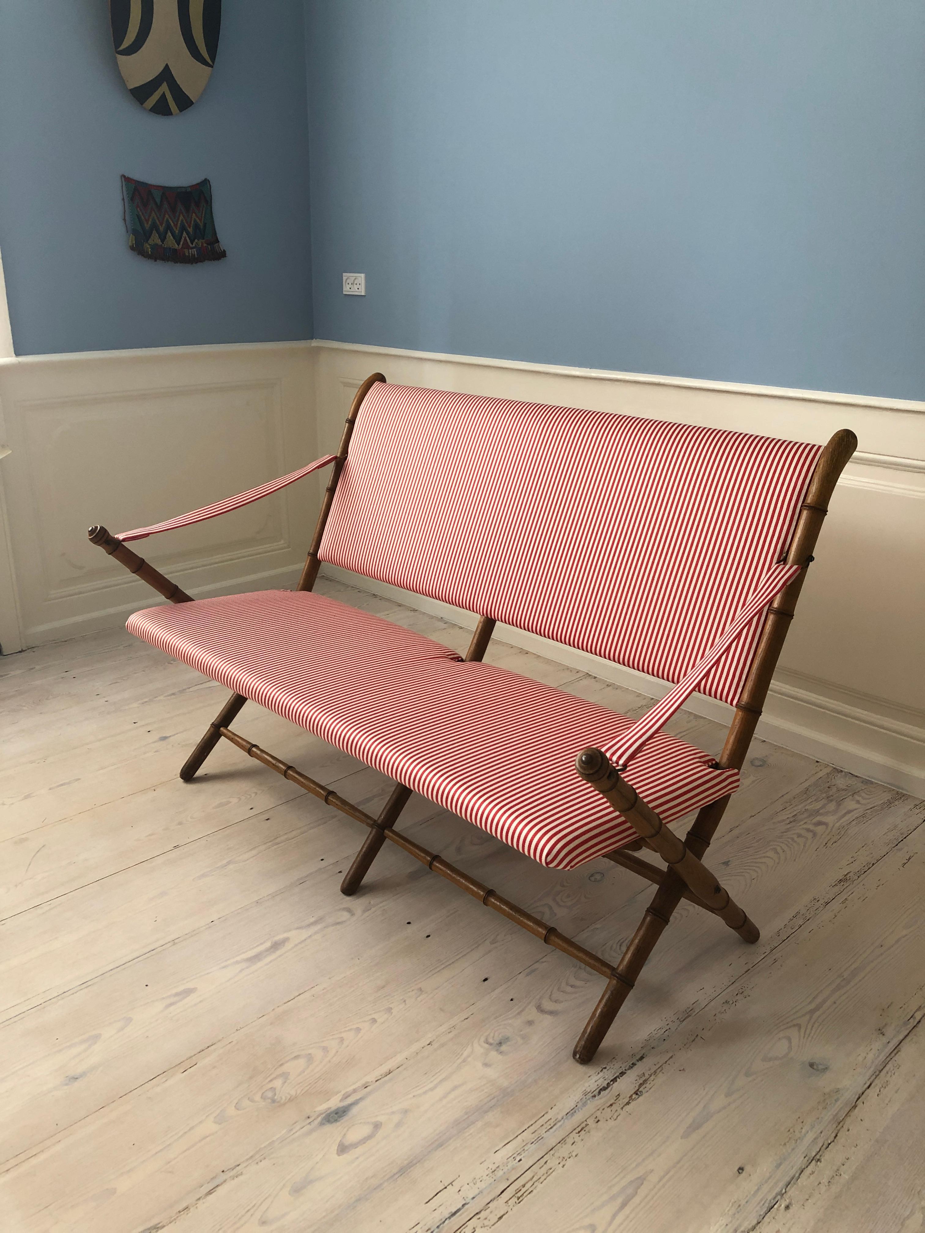 Vintage French 1950s Foldable Sofa in Faux Bamboo and Red/White Striped Textile 6