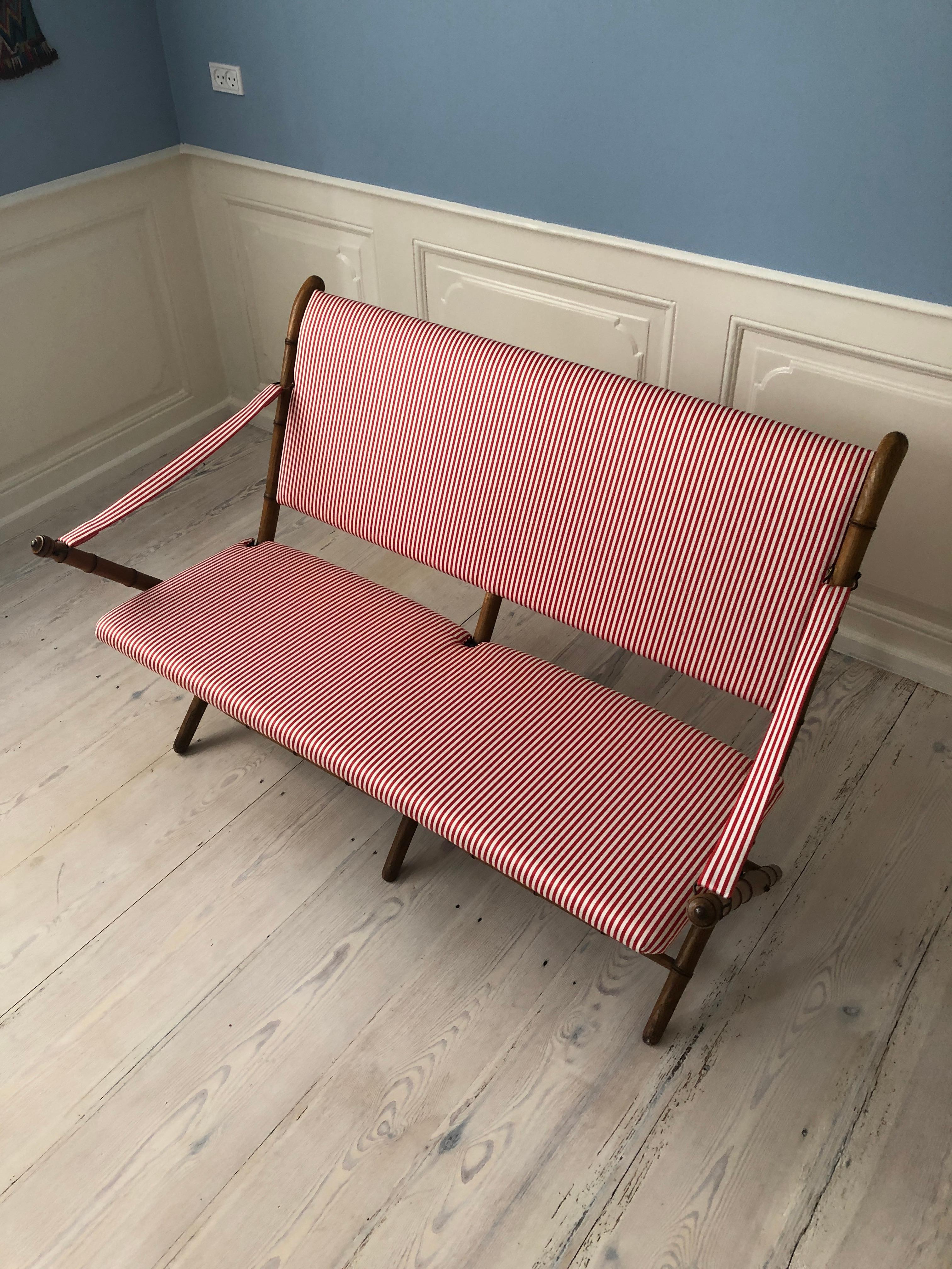 Vintage French 1950s Foldable Sofa in Faux Bamboo and Red/White Striped Textile 8