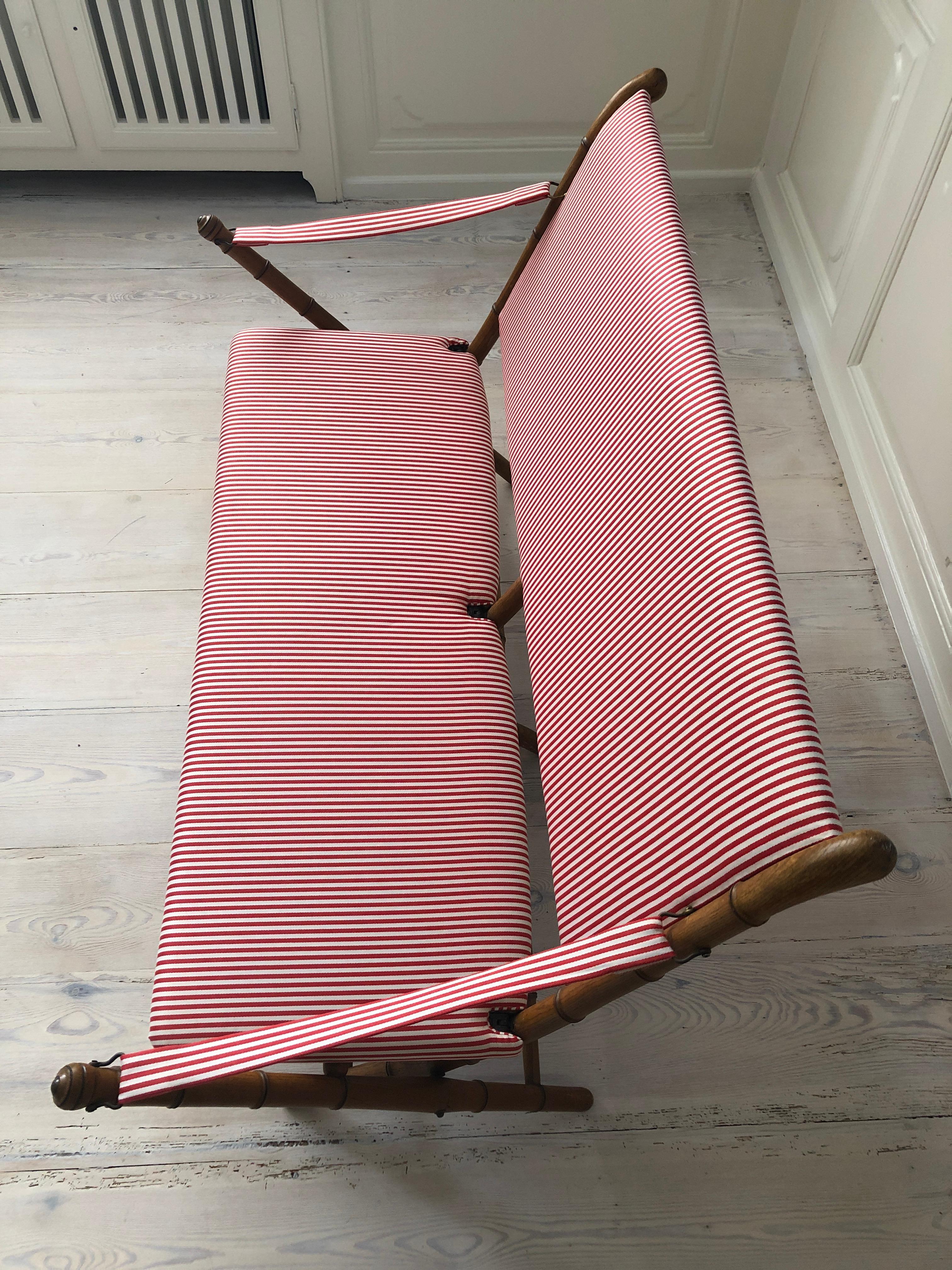Vintage French 1950s Foldable Sofa in Faux Bamboo and Red/White Striped Textile 1