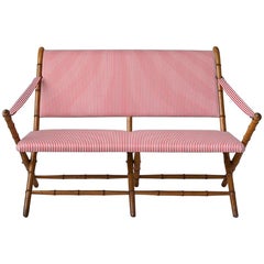 Vintage French 1950s Foldable Sofa in Faux Bamboo and Red/White Striped Textile