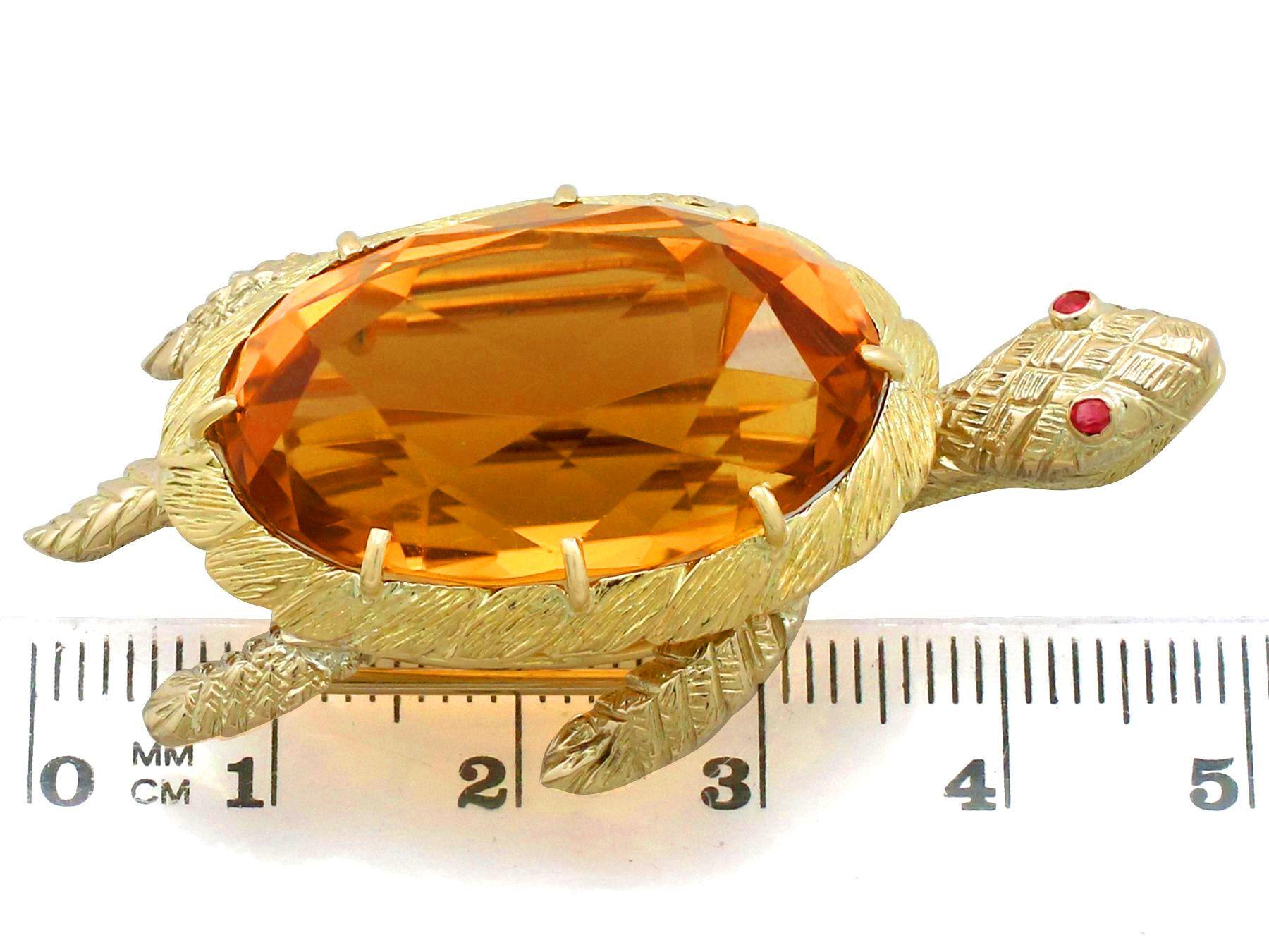 Women's or Men's Vintage French 1960s 38.65 Carat Oval Cut Citrine and Ruby Gold Turtle Brooch For Sale