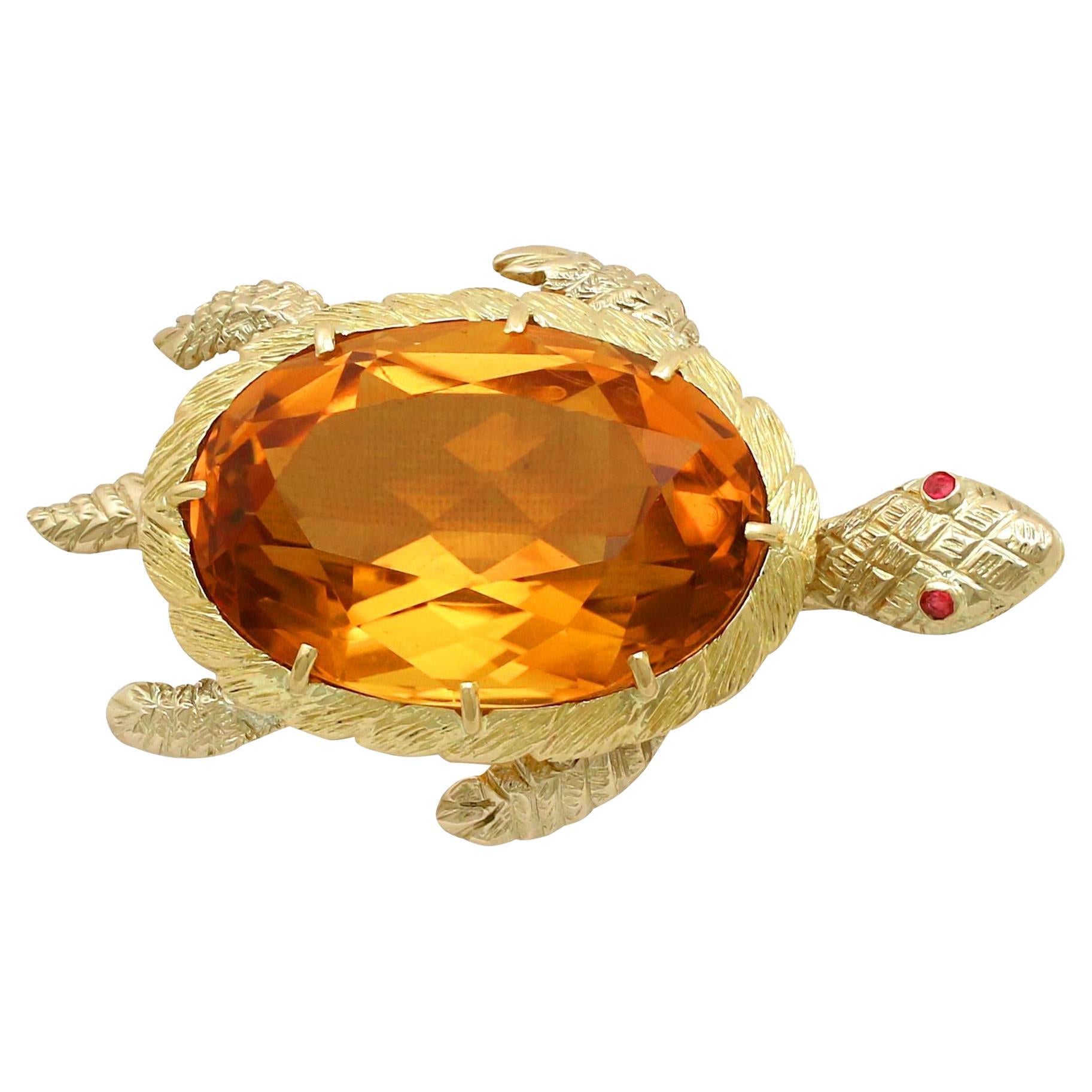 Vintage French 1960s 38.65 Carat Oval Cut Citrine and Ruby Gold Turtle Brooch For Sale