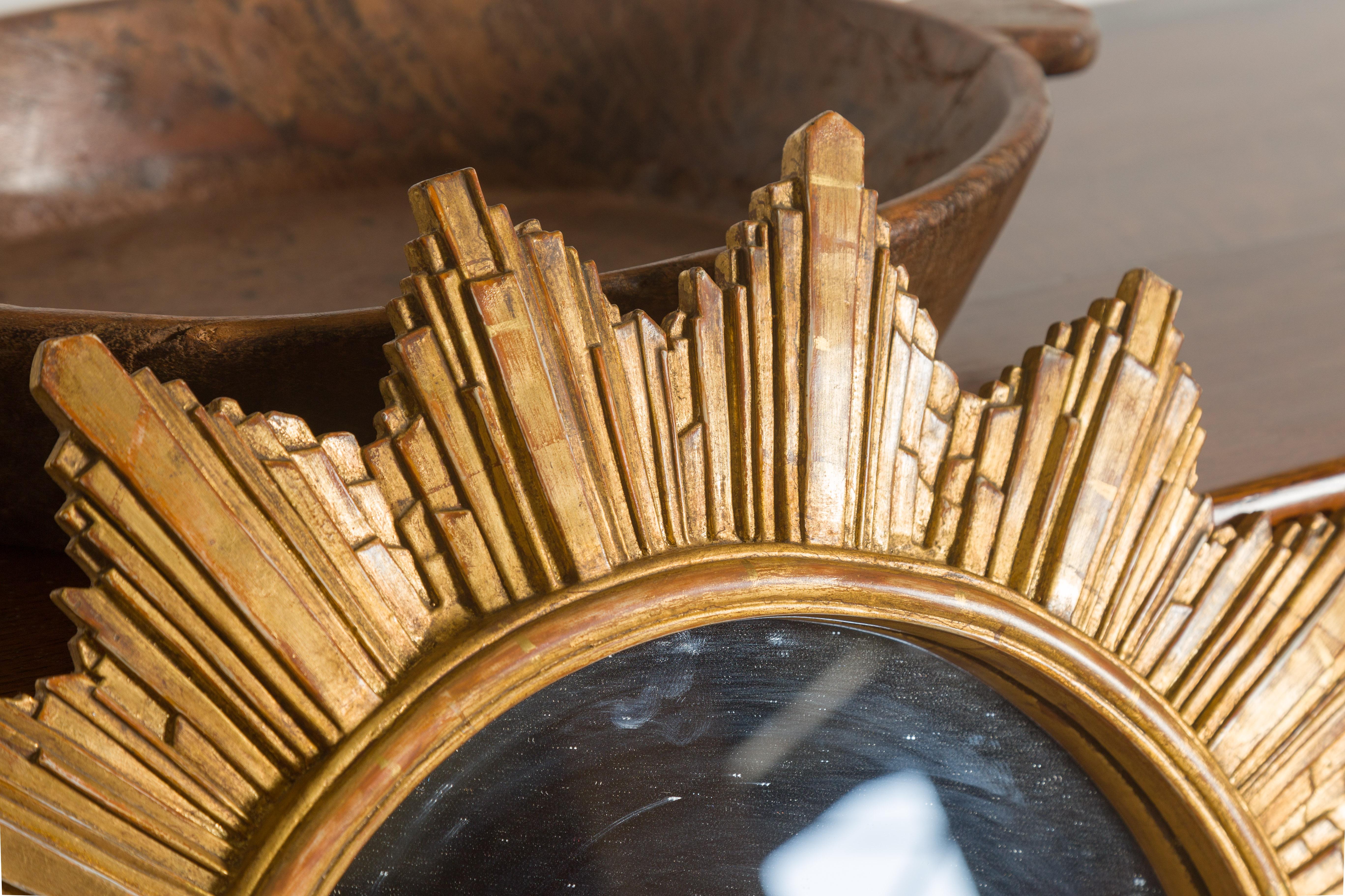 Vintage French 1970s Gilt Composition Sunburst Mirror with Rays of Varying Sizes 5