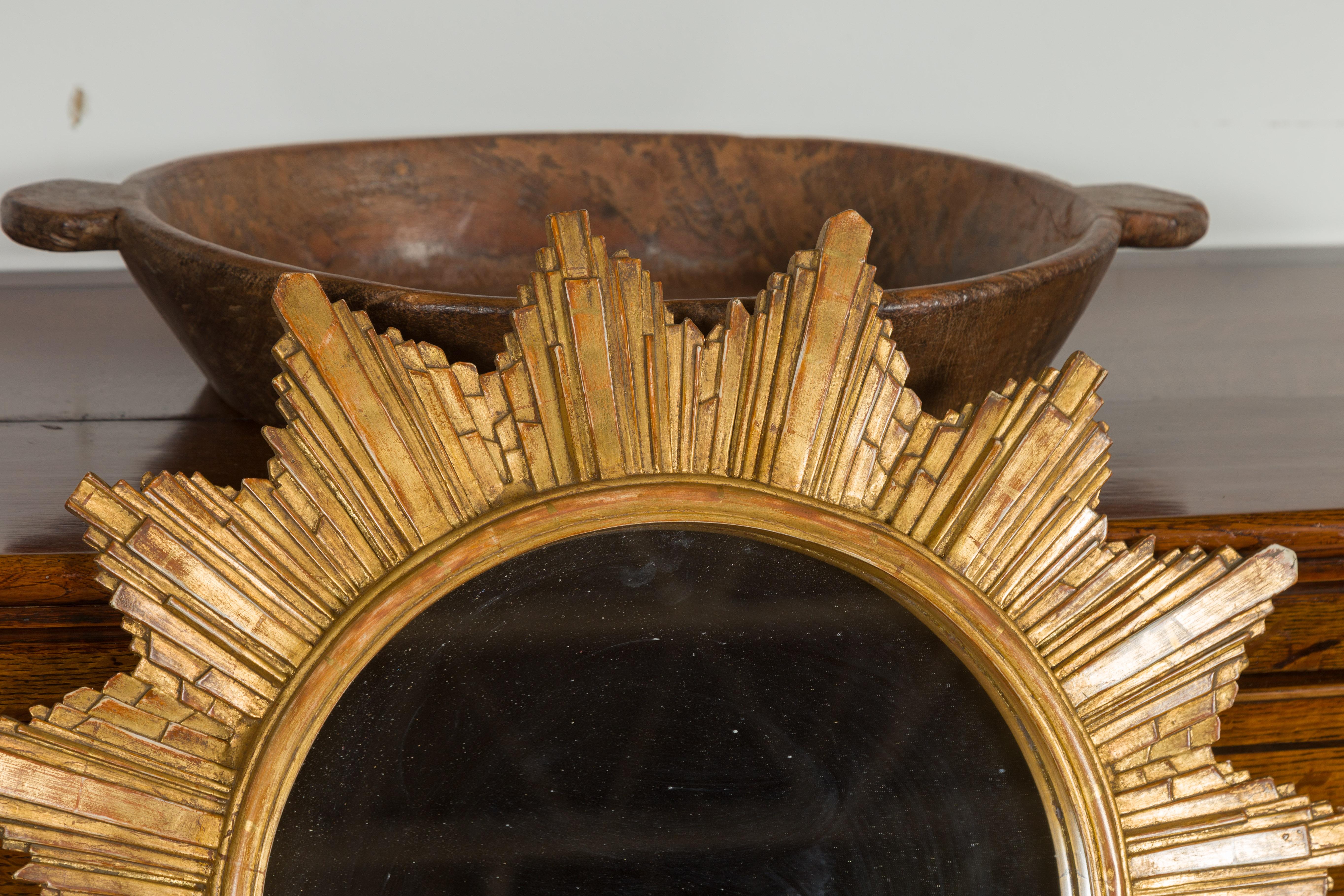 Vintage French 1970s Gilt Composition Sunburst Mirror with Rays of Varying Sizes 1