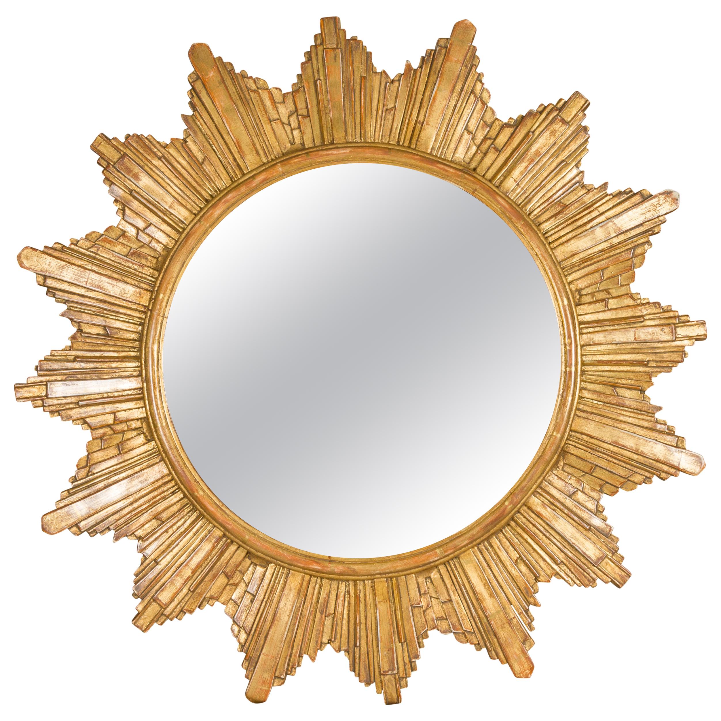 Vintage French 1970s Gilt Composition Sunburst Mirror with Rays of Varying Sizes