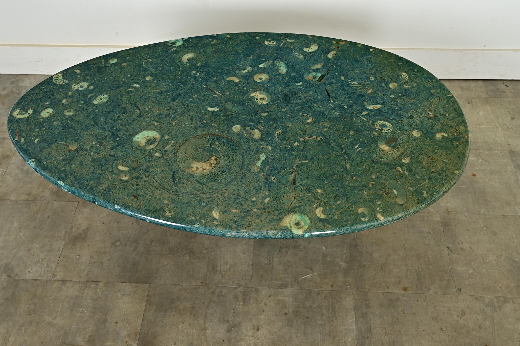 Vintage French 1970s Green Fossil Marble Coffee Table In Good Condition In Baton Rouge, LA