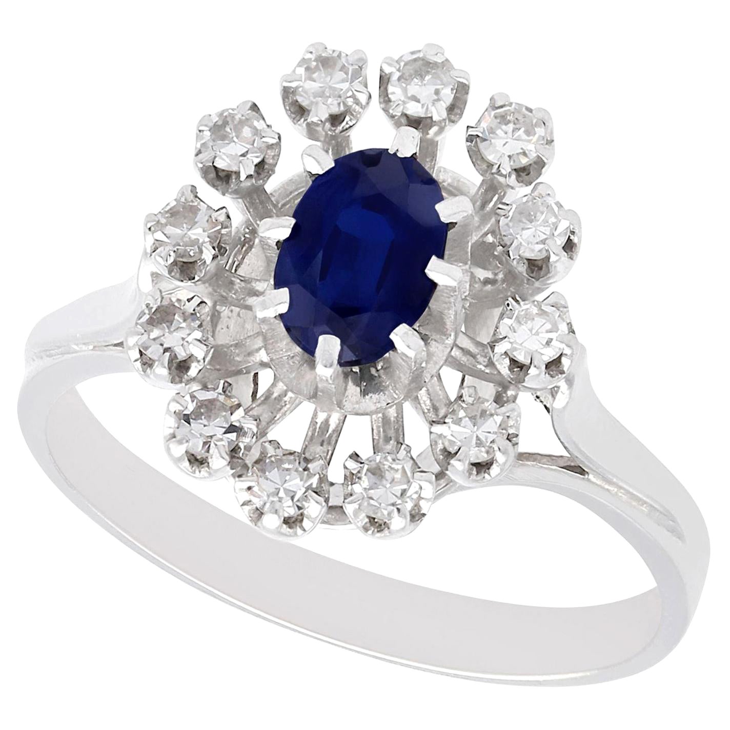 Vintage French 1970s Sapphire and Diamond White Gold Cluster Ring For Sale