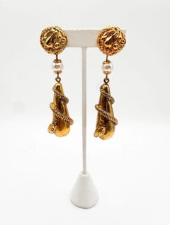 Vintage French 1980s Faux Pearl Gilt Snake Drop Earrings