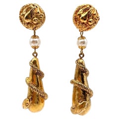 Vintage French 1980s Faux Pearl Gilt Snake Drop Earrings