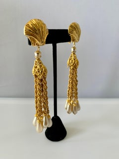 Vintage French 1980s Gold Seashell Tassel Statement Earrings