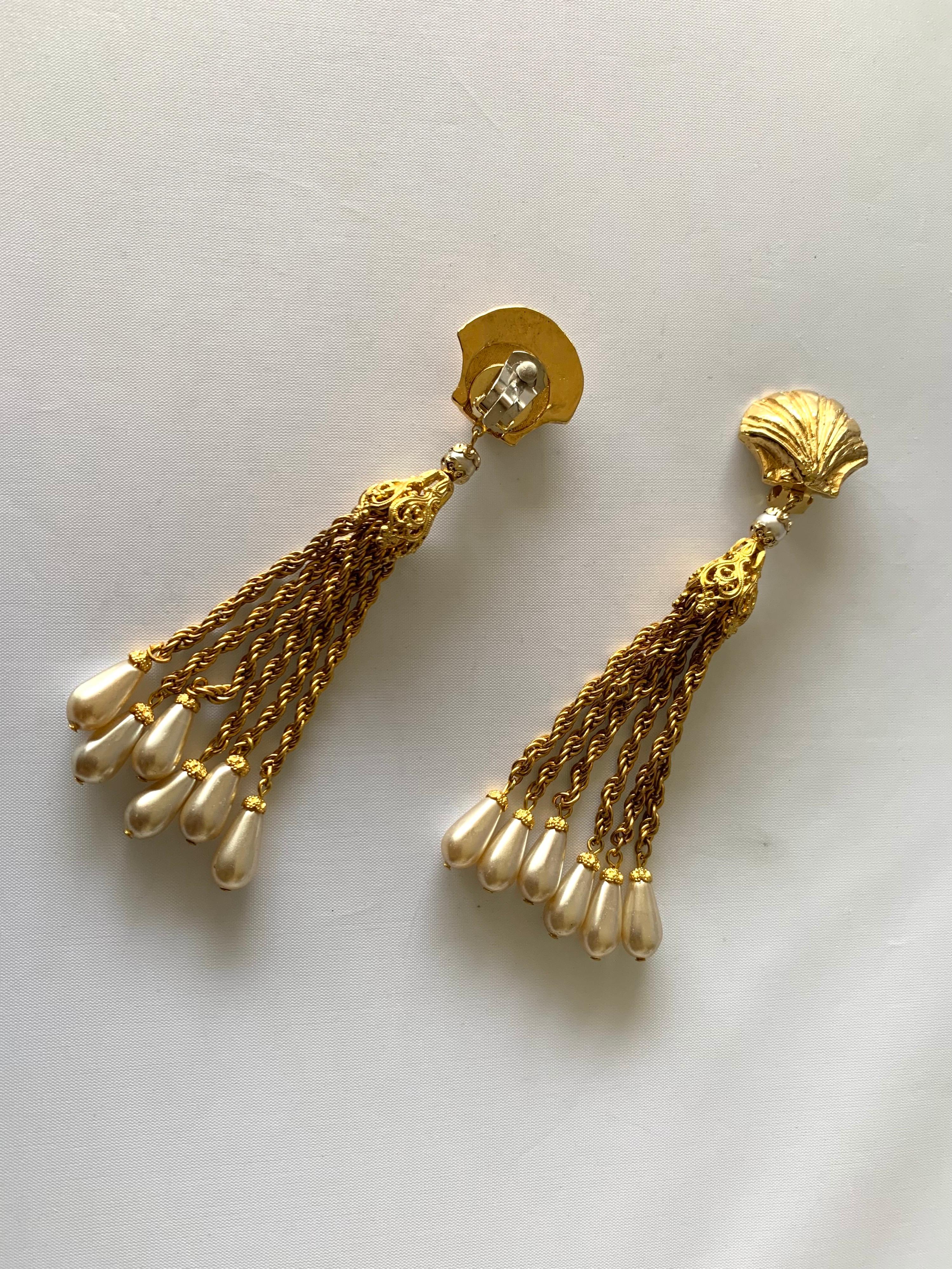 Artisan Vintage French 1980s Gold Seashell Tassel Statement Earrings 