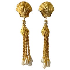 Vintage French 1980s Gold Seashell Tassel Statement Earrings 