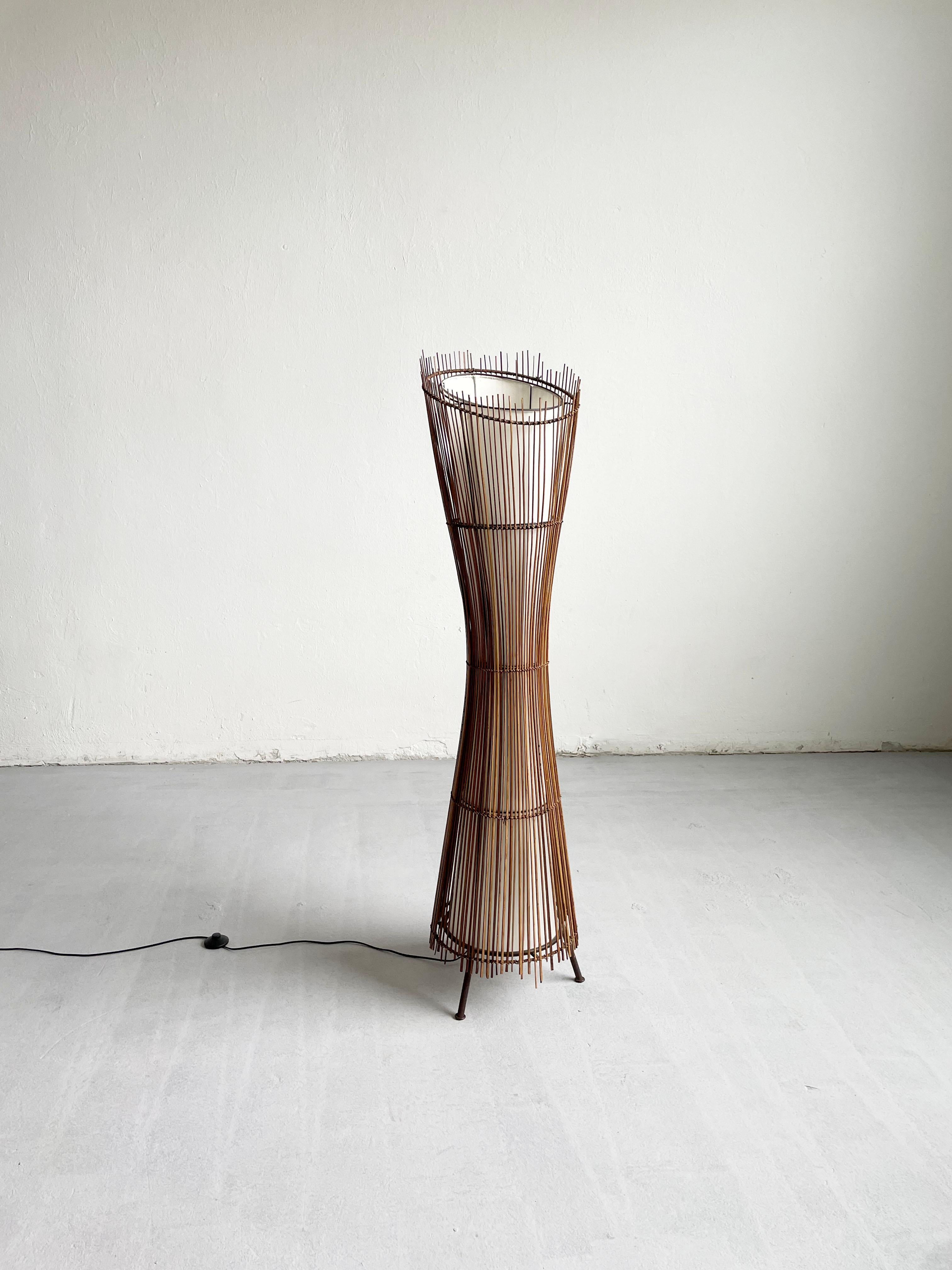 Late 20th Century Vintage French 1980s Sculptural Floor Lamp Kobe; Bamboo, Metal and Canvas For Sale