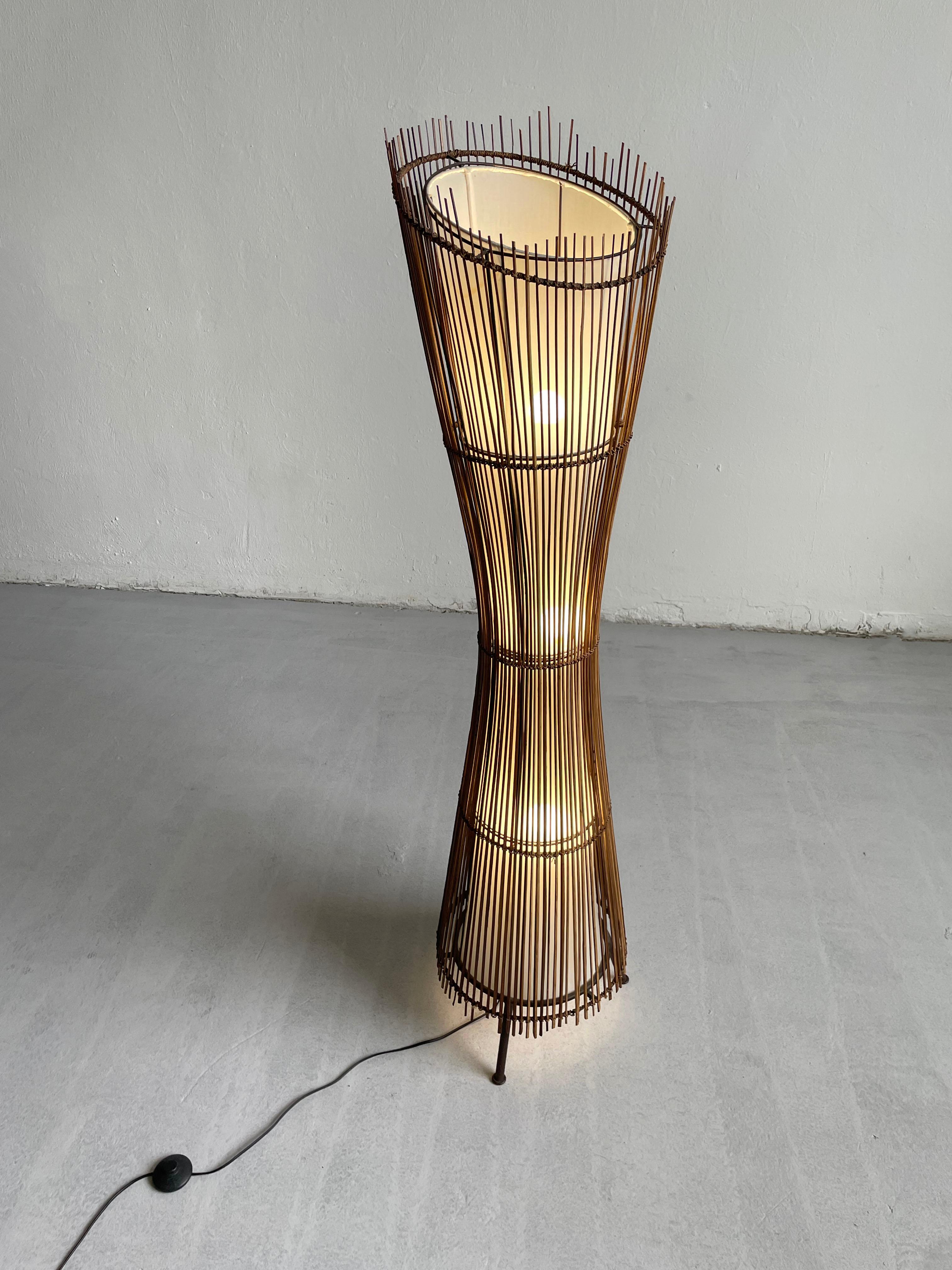 Vintage French 1980s Sculptural Floor Lamp Kobe; Bamboo, Metal and Canvas For Sale 2