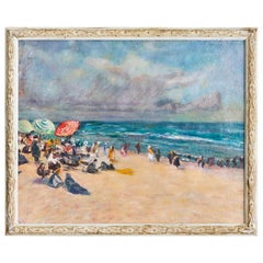 Vintage French 19th Century Artwork of Oil on Canvas Picturing a Beach Scene