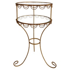 Retro French 2-tiered Gilt Iron Side Table Stand with Inset Glass 