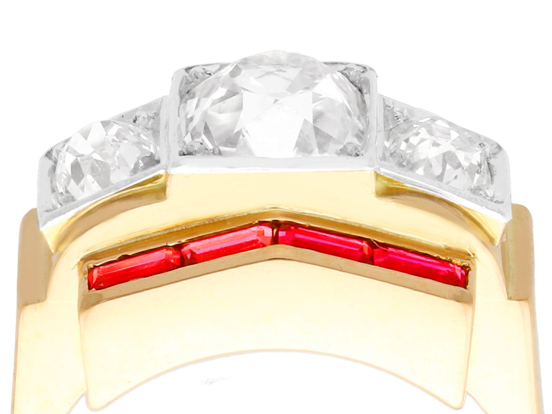 A stunning, fine and impressive vintage French 2.28 carat diamond and 0.52Ct Ruby, 18 karat yellow gold and platinum set cocktail ring; part of our diverse vintage jewelry and estate jewelry collections.

This stunning, fine and impressive vintage