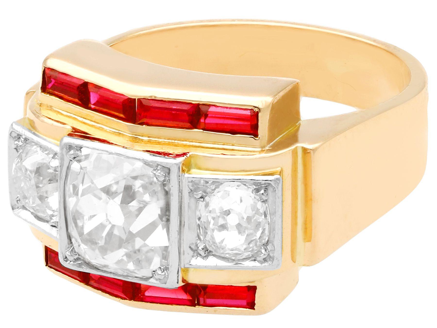 Art Deco Vintage French 2.28 Carat Diamond and Ruby Yellow Gold Cocktail Ring, circa 1940 For Sale