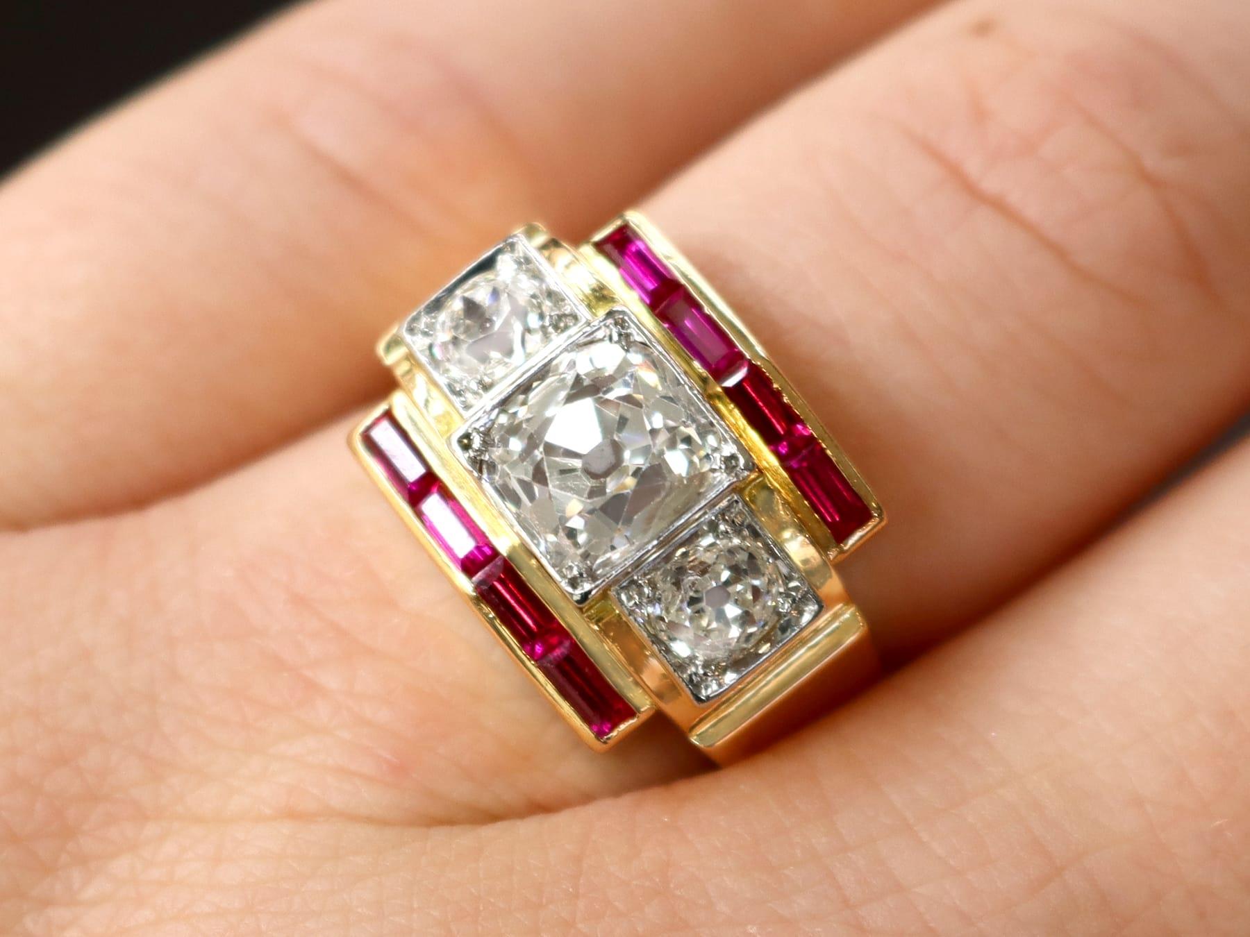 Art Deco Vintage French 2.28 Carat Diamond and Ruby Yellow Gold Cocktail Ring, circa 1940 For Sale