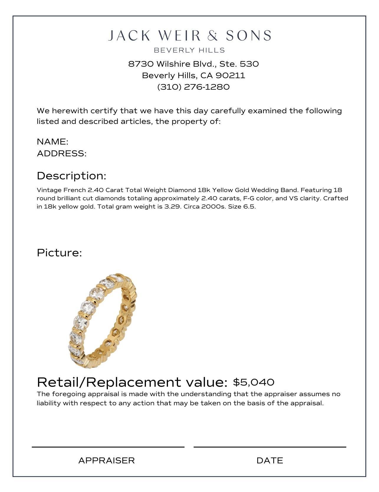 Taille brillant Alliance française vintage en or jaune 18 carats avec diamants d'un poids total de 2,40 carats en vente
