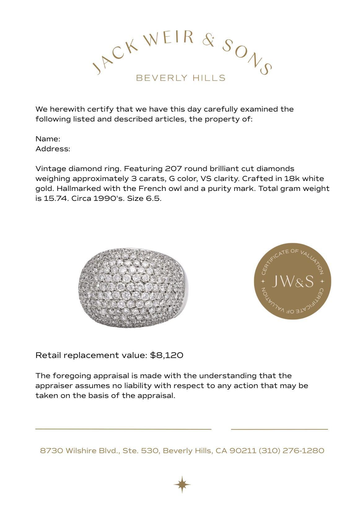 Vintage French 3 carat total weight diamond 18k white gold dome ring In Good Condition For Sale In Beverly Hills, CA