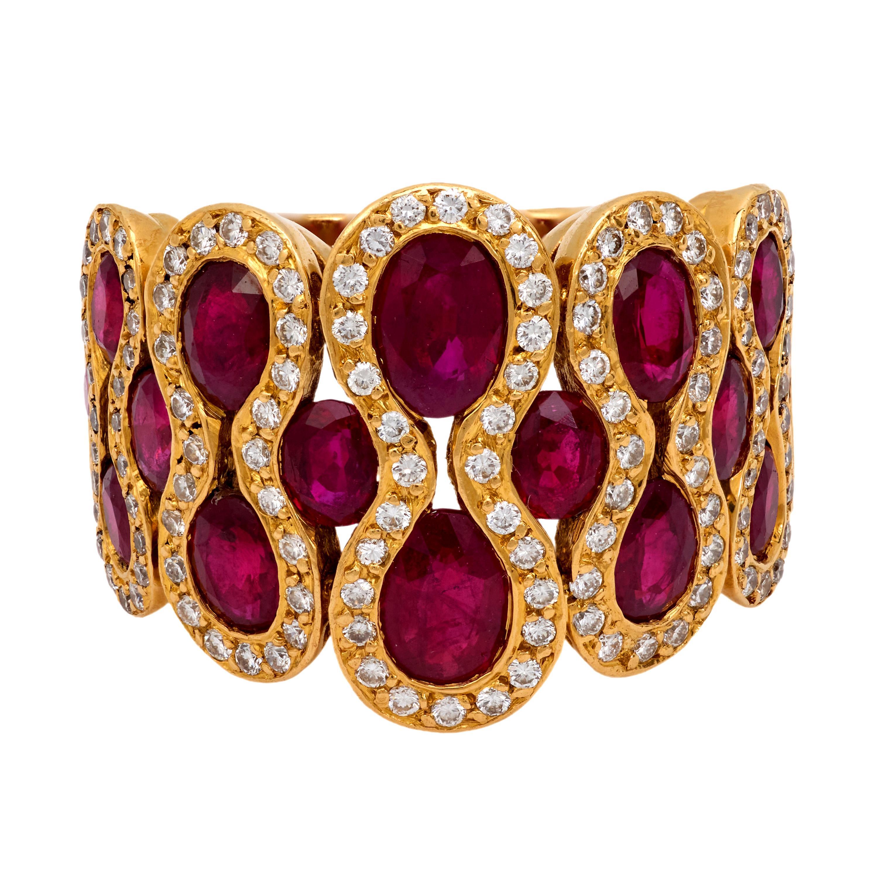 Moderne Bague de cocktail vintage française 3.50 carats rubis diamant or jaune 18k en vente