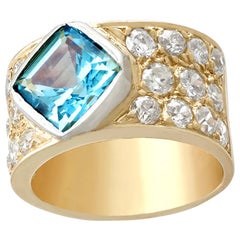 Vintage French 3.60Ct Aquamarine and 2.70Ct Diamond Yellow Gold Cocktail Ring