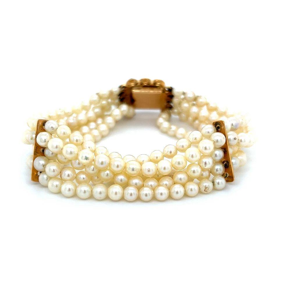 Bracelet français vintage à 5 brins de perles avec fermoir en or, émeraudes et perles Pour femmes en vente