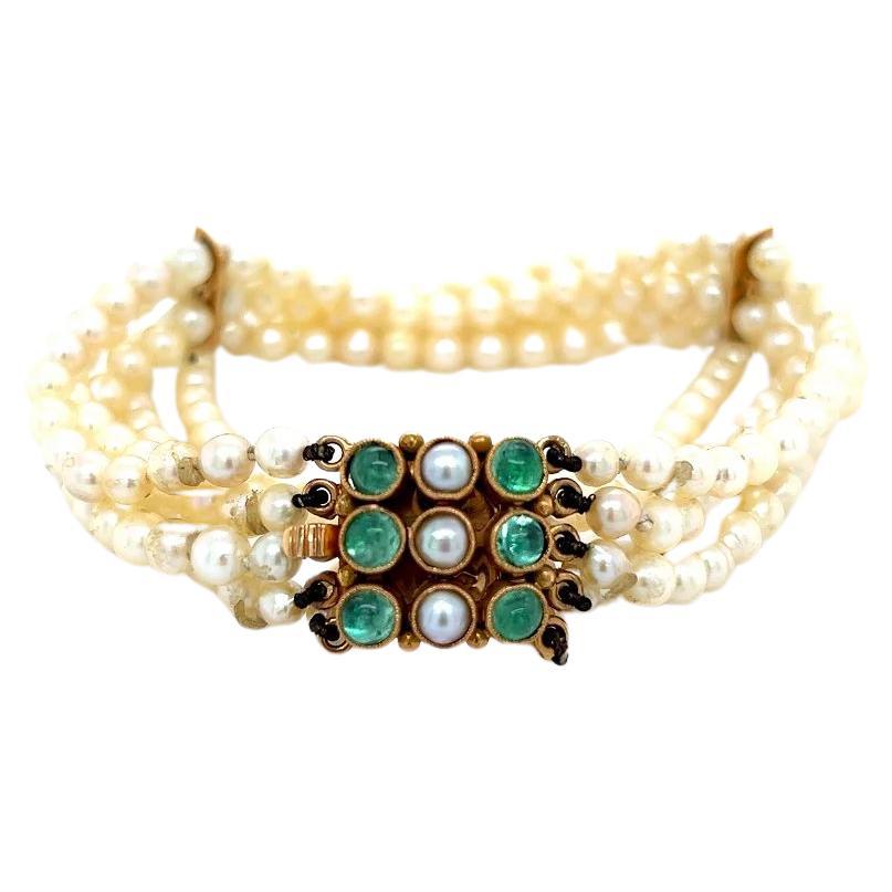 Vintage French 5 Strand Pearl Bracelet with Emerald and Pearl Gold Clasp For Sale