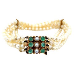 Vintage French 5 Strand Pearl Bracelet with Emerald and Pearl Gold Clasp