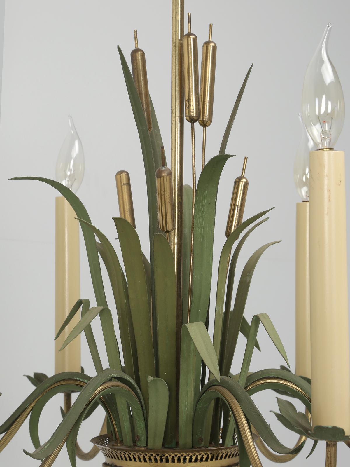 Hand-Crafted Vintage French 6-Light Painted Cattail Chandelier in the Style of Maison Jansen