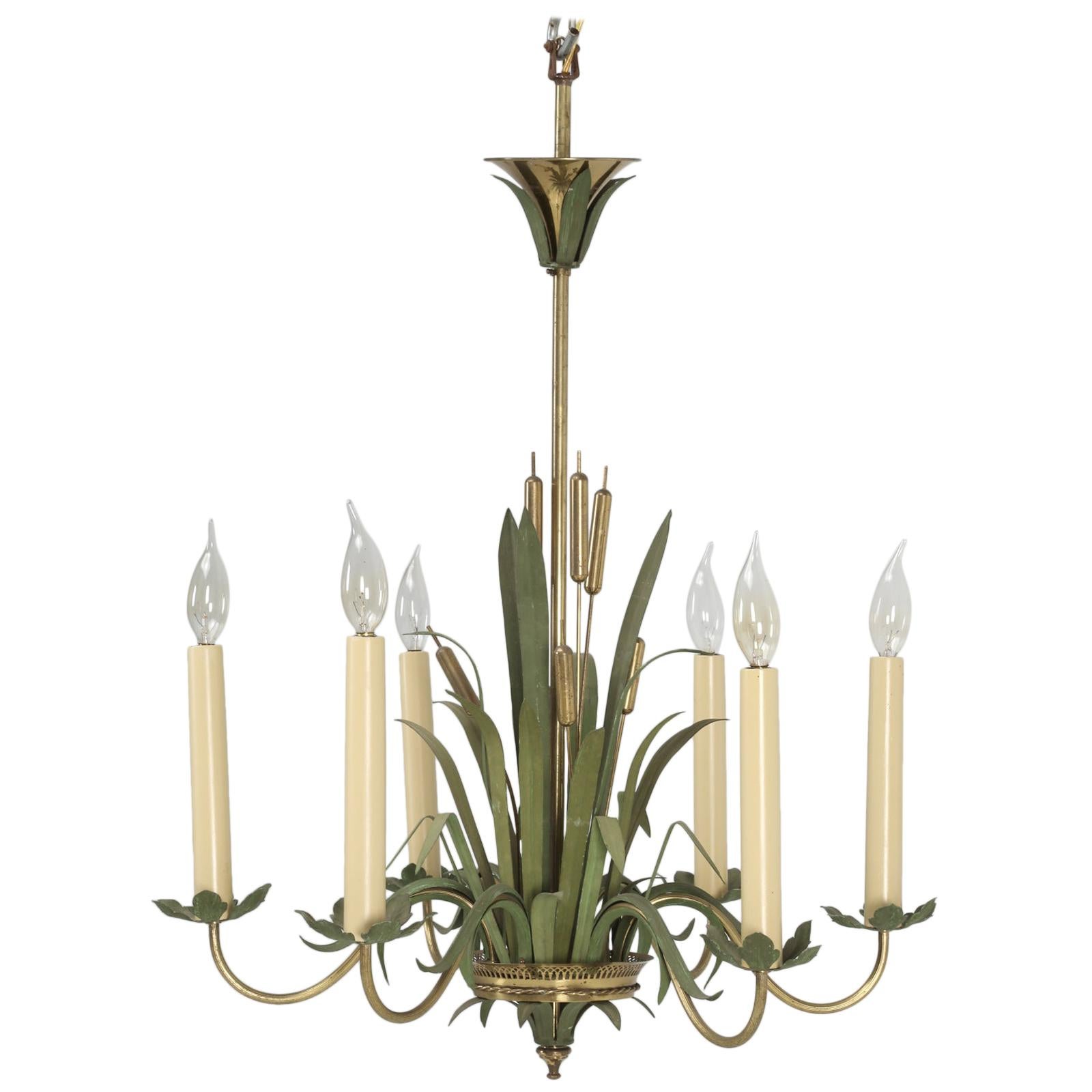 Vintage French 6-Light Painted Cattail Chandelier in the Style of Maison Jansen