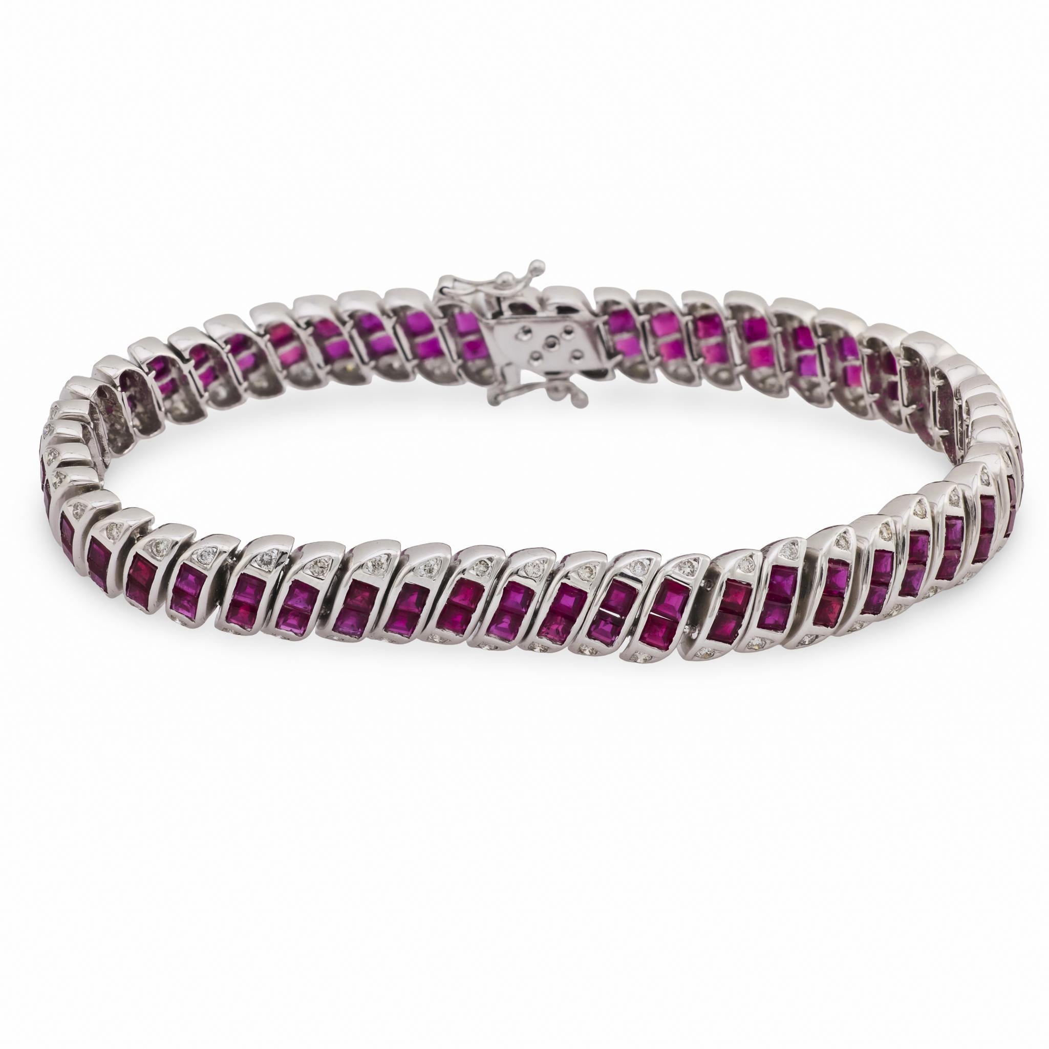 Bracelet vintage français 6.00 carat rubis diamant or blanc 18k