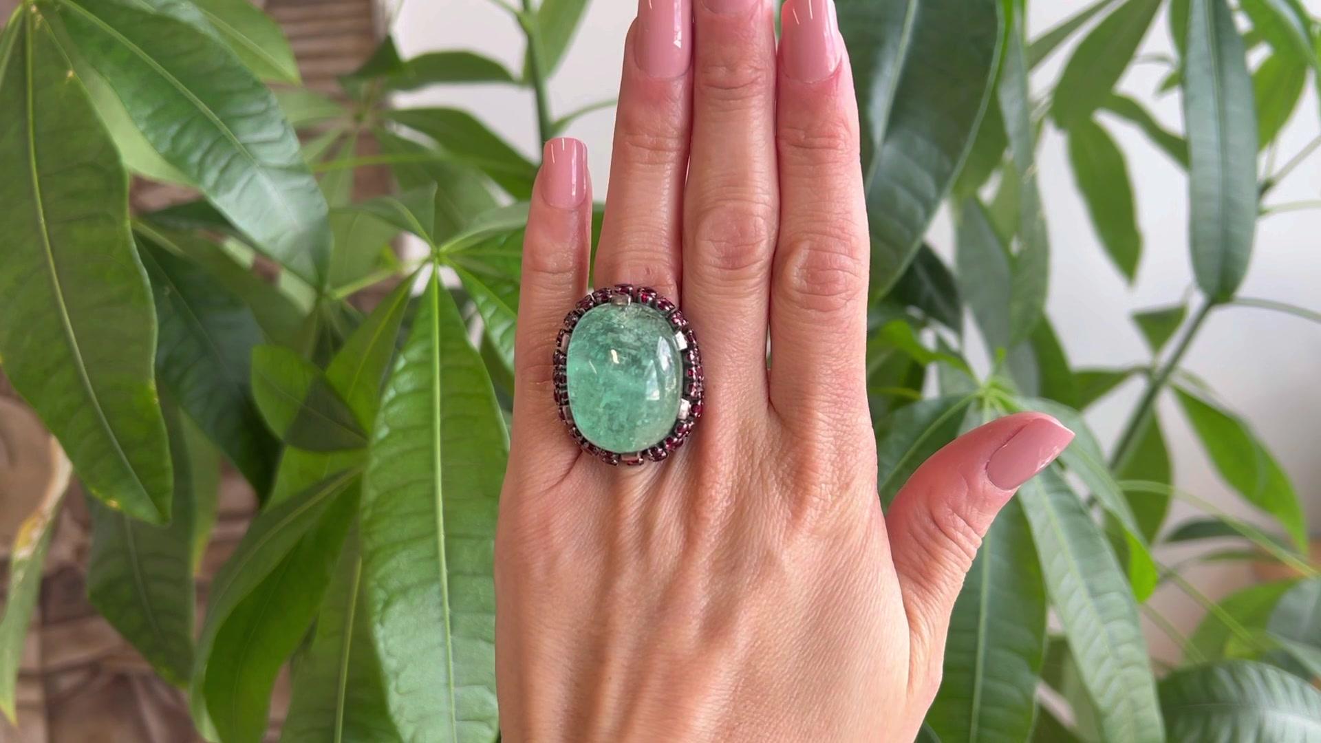 Cabochon Vintage French 75.00 Carat Emerald Garnet Silver Statement Cocktail Ring