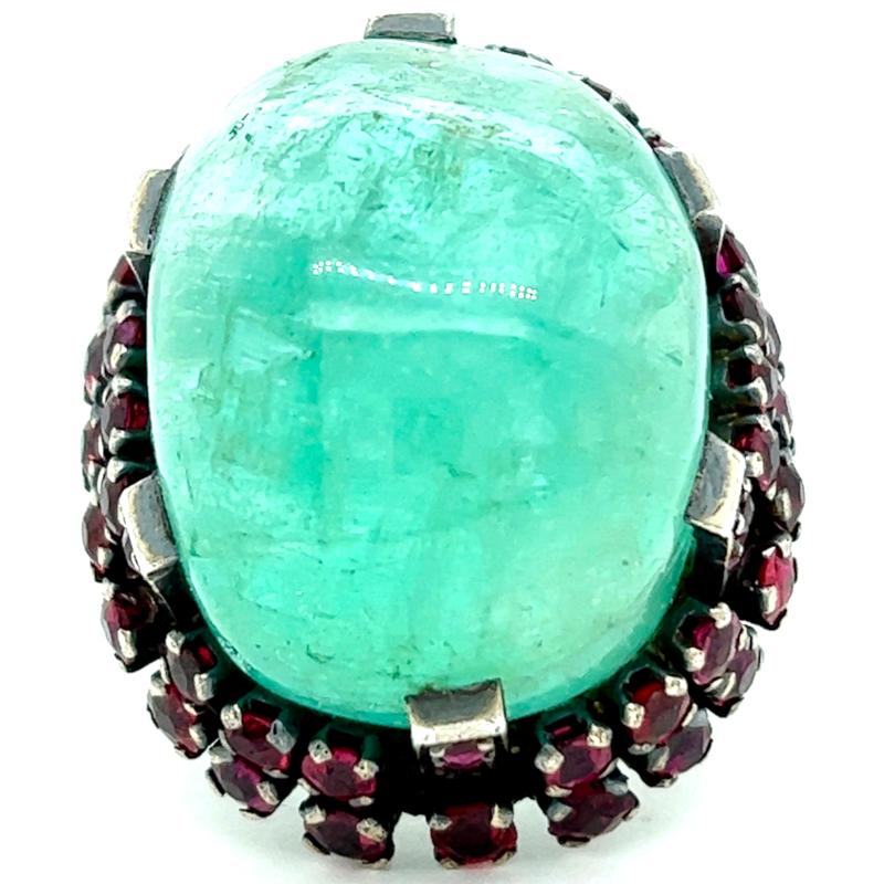 Women's or Men's Vintage French 75.00 Carat Emerald Garnet Silver Statement Cocktail Ring