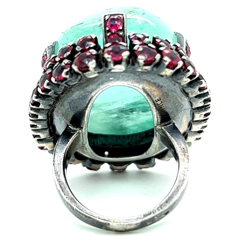 Vintage French 75.00 Carat Emerald Garnet Silver Statement Cocktail Ring 1