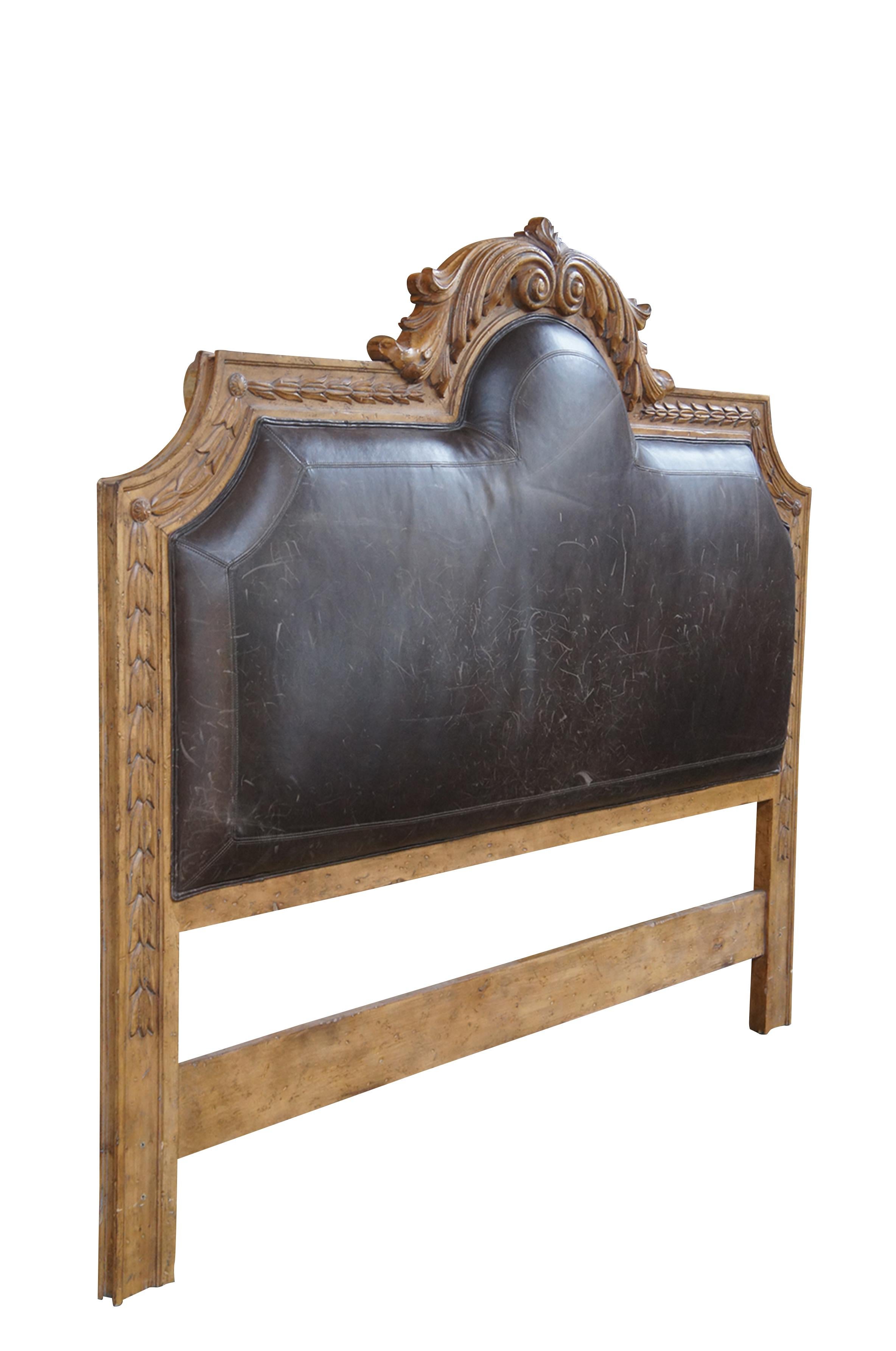 Vintage king size headboard featuring padded leather head rest and domed serpentine frame with French acanthus and tulip design.

Dimensions:
68