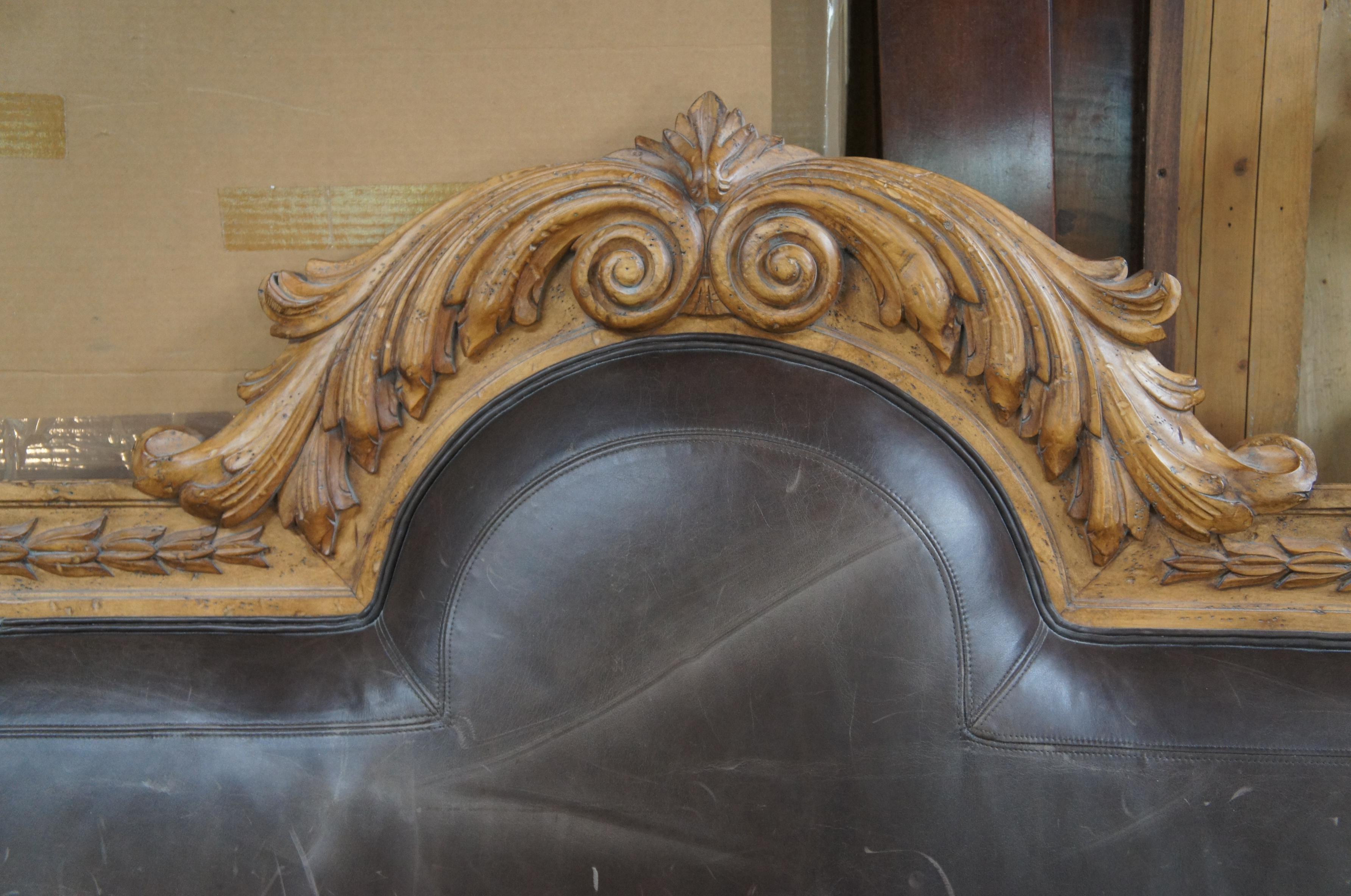 French Provincial Vintage French Acanthus & Tulip Leather King Size Bed Headboard 79