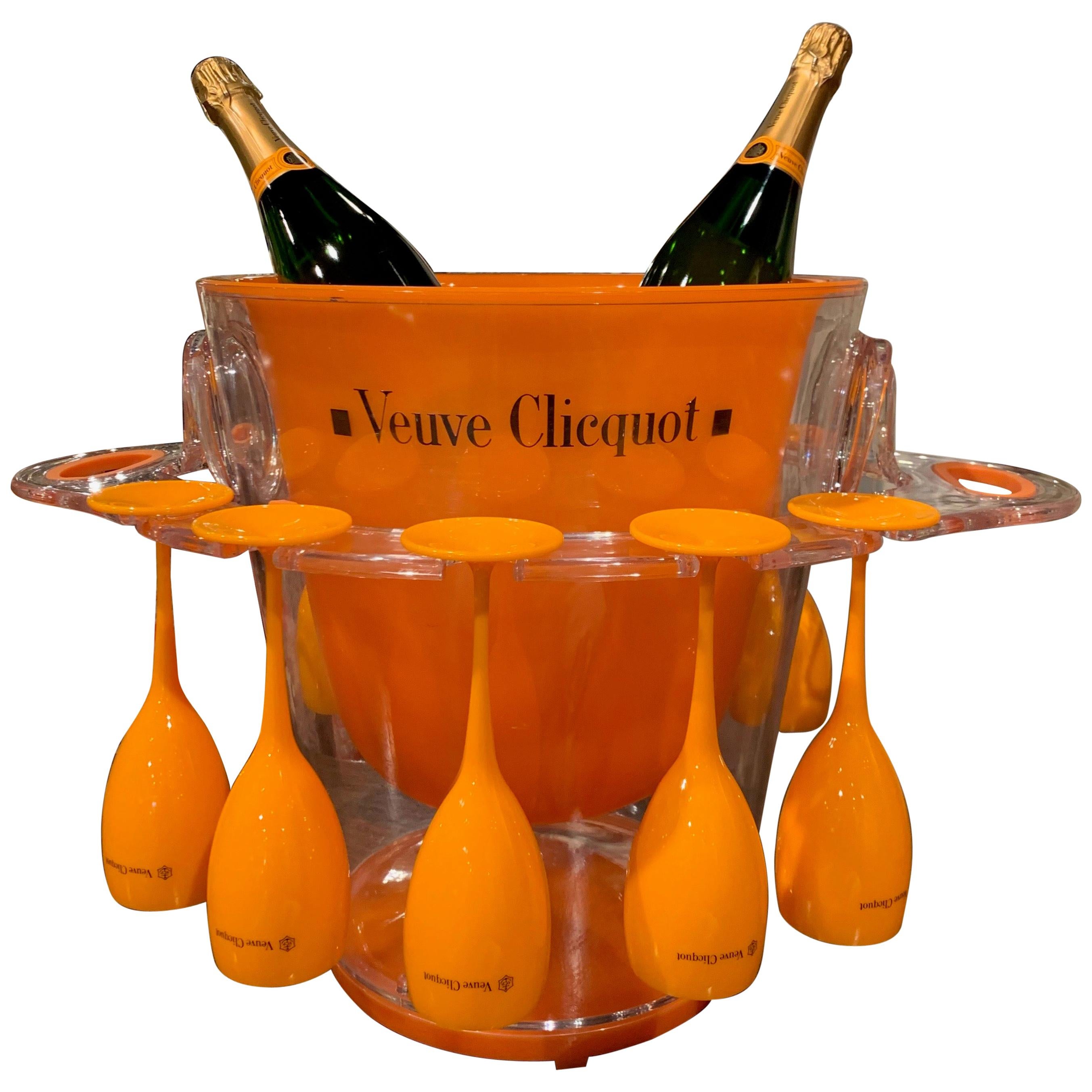 Vintage French Acrylic "Veuve Clicquot" Champagne Cooler and Ten Matching Flutes