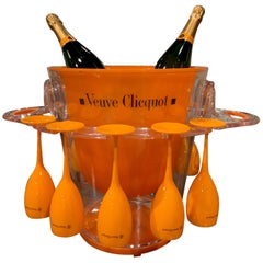 Vintage French Acrylic "Veuve Clicquot" Champagne Cooler and Ten Matching Flutes