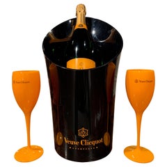 Retro French Acrylic "Veuve Clicquot" Magnum Champagne Cooler and Two Flutes